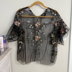 Zara Embroidered Black Sheer Top
